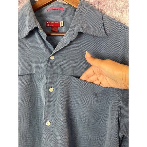 Vintage Guess Shirt Mens L Blue Micro Houndstooth Viscose Button Down Unique 90s - Picture 7 of 15